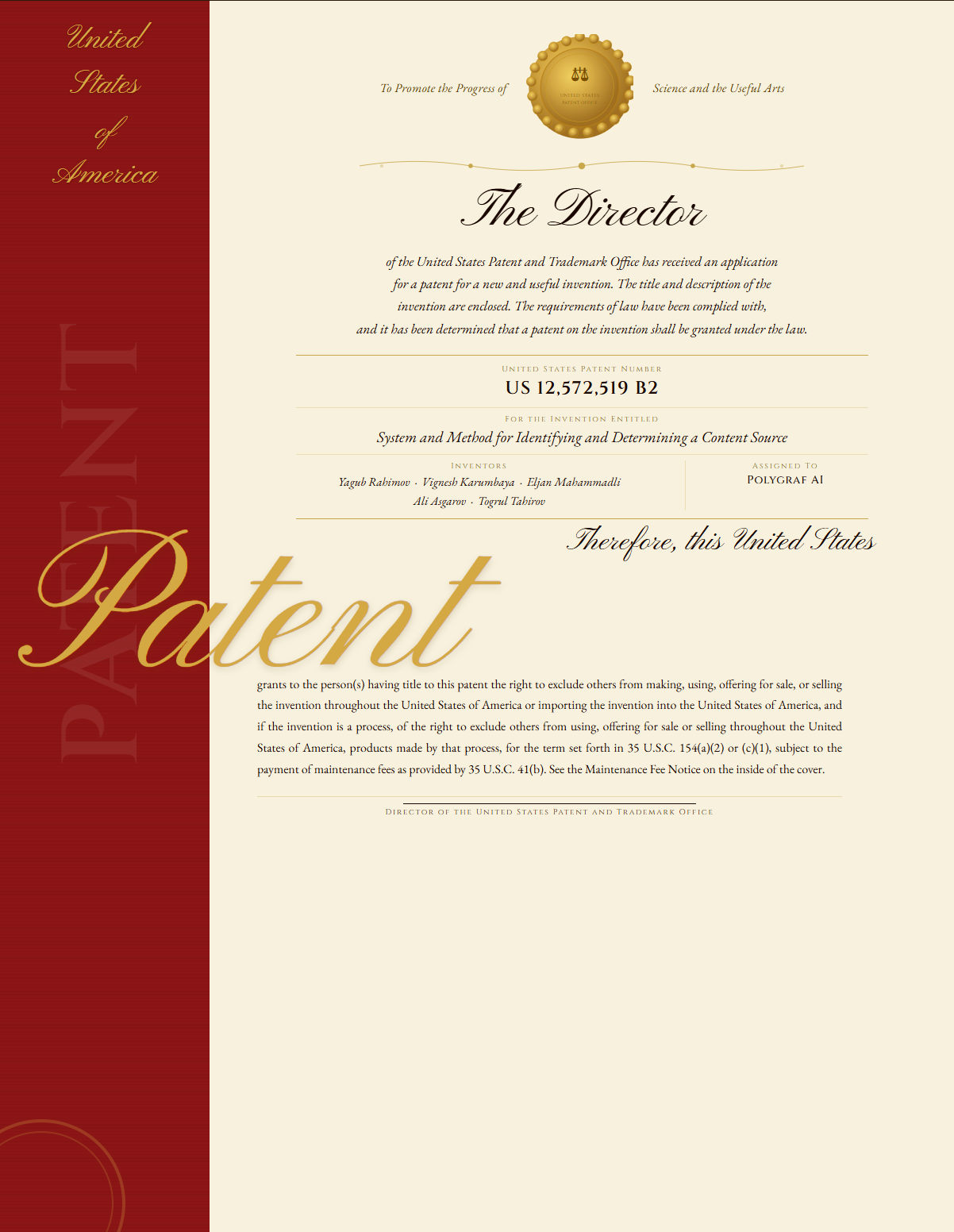 US Patent Certificate